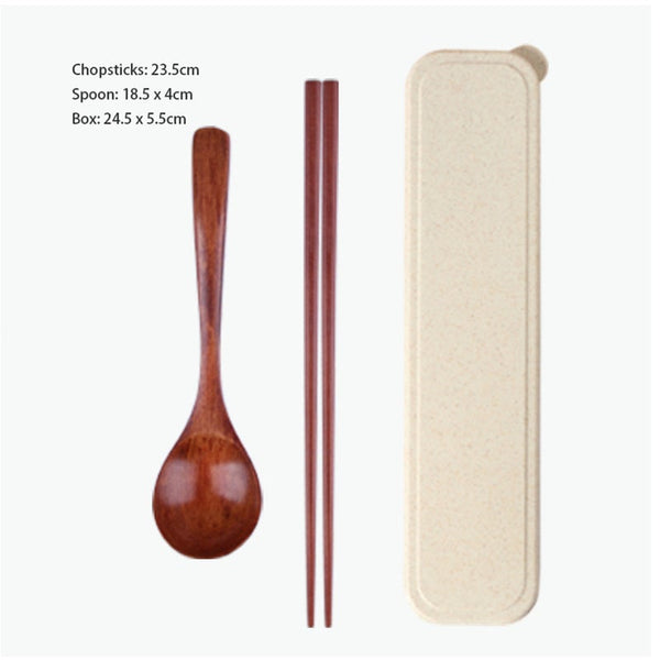 Cutlery Sets 2 Sets Japanese Style Wooden Spoon Chopsticks With Portable Box Tableware