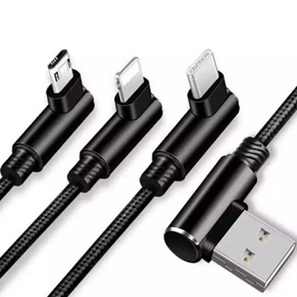 3 In 1 Usb Charging Cable 1.5M Elbow Double Sided Reversible Micro Black
