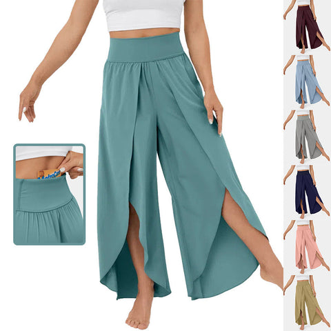 Pants Loose Split Yoga Summer Elastic High Waist Wide Leg Trousers For Women