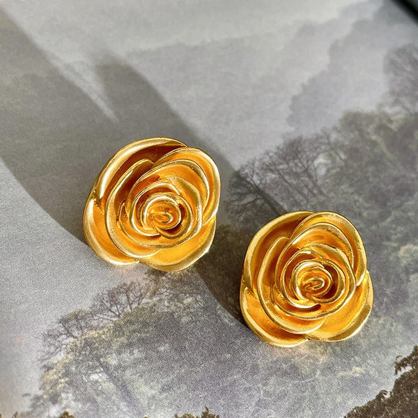 Earrings Retro Medal Gold Three Dimensional Rose Stud For Everyday Wear