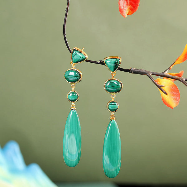 Earrings Slender Minimalist Women's Fashion With S925 Silver And Malachite