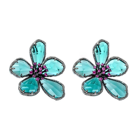 Jewellery Sets S925 Silver Framed Hot Pink Pistil Turquoise Blue Rhinestone Flower Earrings Ring Brooch Female Fashion Jewellery