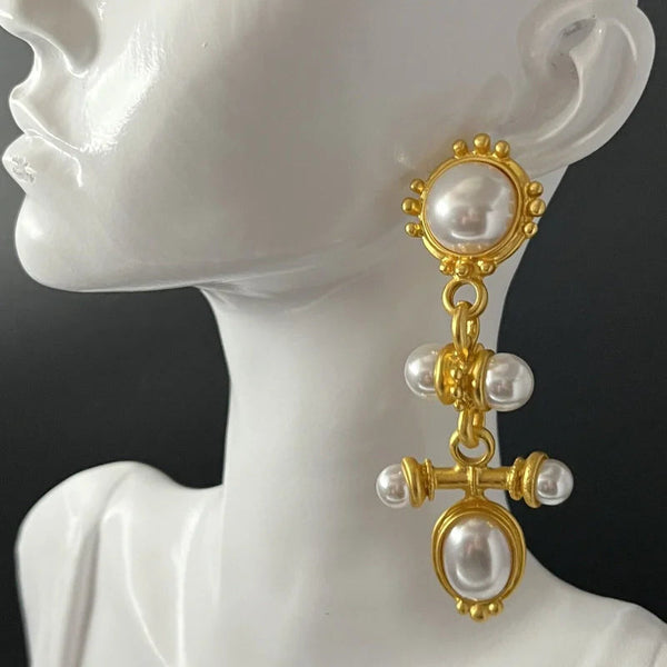 Earrings Medieval Long Retro Palace Style Pearl With 925 Silver Needle