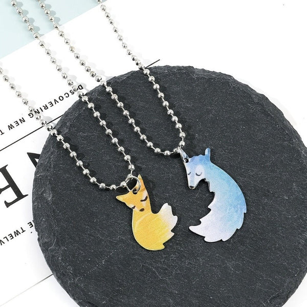 Hand Painted Fox Embracing Wolf Pendant Couple Jewelry