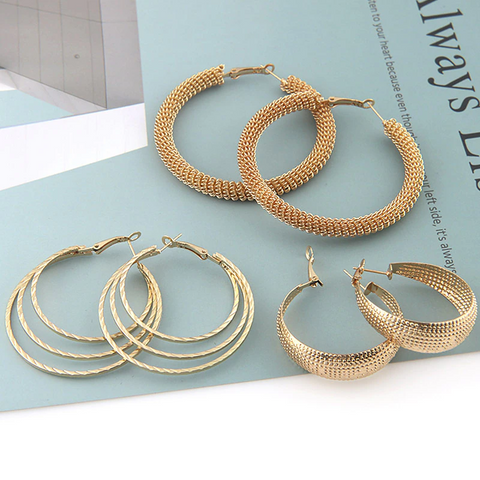 3 Pairs Of Exaggerated Oversized Hoop Earrings For Women's Round Circle Gold