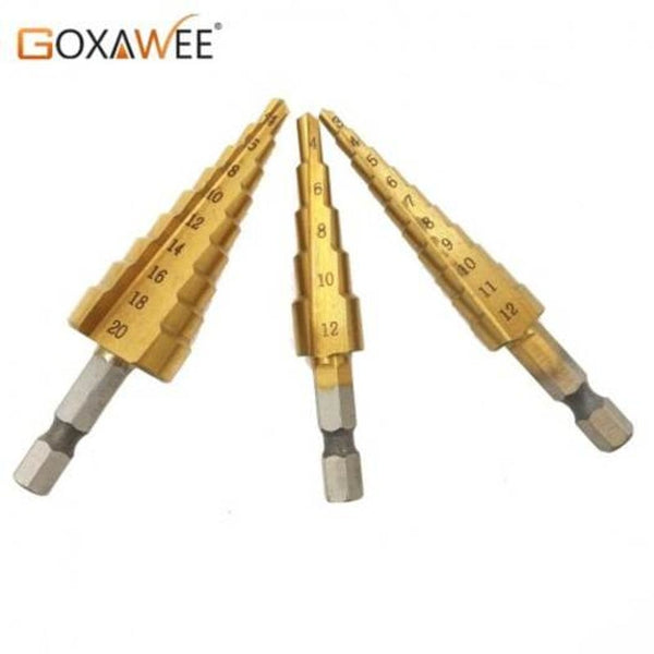 Drill Bits 3Pc Steel Titanium Step Cone Cutting Tools Woodworking Metal Drilling