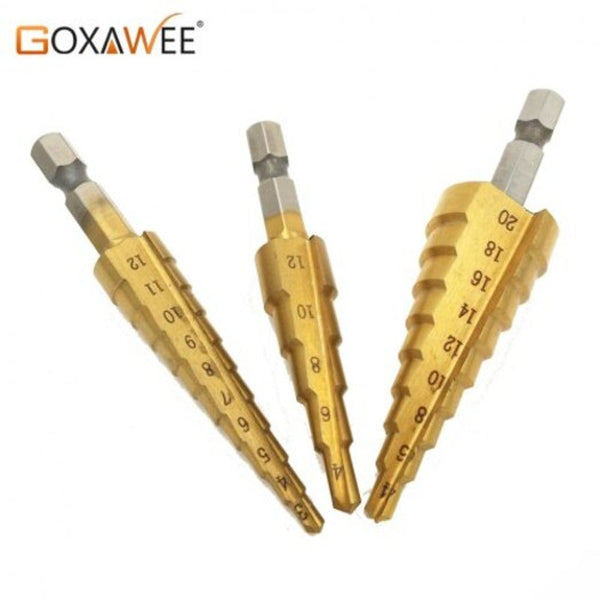 Drill Bits 3Pc Steel Titanium Step Cone Cutting Tools Woodworking Metal Drilling