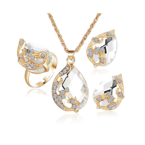 3Pcs Droplet Type Pendant Necklace Earring Ring Jewelry Set White