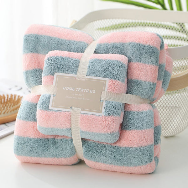 410Gsm 2 Piece Towel Sets Bath Face Pink Gray Stripes