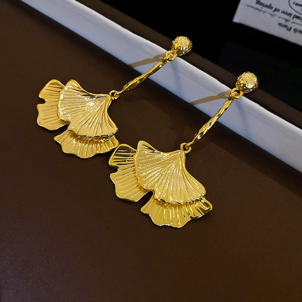 Earrings Simple Metal Ginkgo Leaf European American Heavy Industry Long