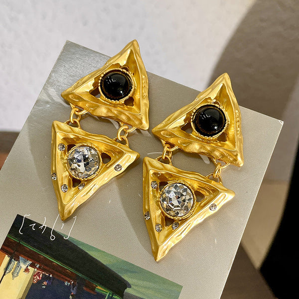 Earrings Middle Aged Crystal Hollow Diamond Triangle Embossed Geometric Design