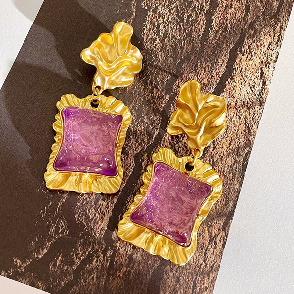 Earrings Lava Irregular Purple Square Glazed Crystal Retro Style