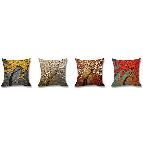 4Pcs Oil Painting Tree Printed Flax Square Pillow Cover Sofa Bed Cushion
