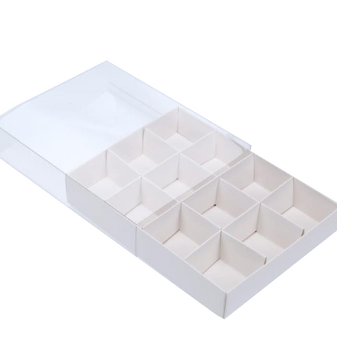 50 Pack Of White Card Chocolate Sweet Soap Product Reatail Gift Box - 12 Bay 4X4x3cm Compartments Clear Slide On Lid 16X12x3cm