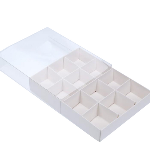 Gift Boxes 50 Pack Of White Card Chocolate Sweet Soap Product Reatail Gift Box 12 Bay 4X4x3cm Compartments Clear Slide On Lid 16X12x3cm