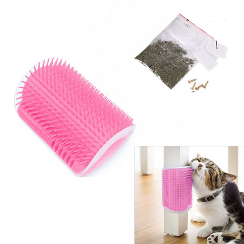 Pet Grooming Cat Self Groomer Catnip Dog Toy Corner Wall Scratcher Comb Grooming Massage Brush Pink