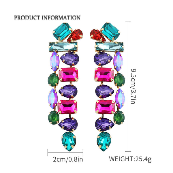 Earrings Water Drop Shape Colourful Glass Rhinestone Long Tassel For Women And Girls