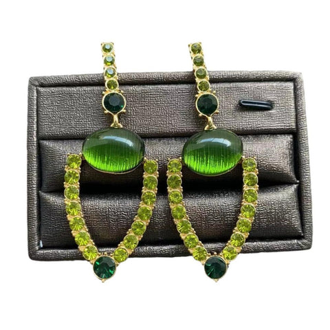 Earrings Medieval Vintage Green Textured Hollow With Exaggerated Diamond Inlay Design