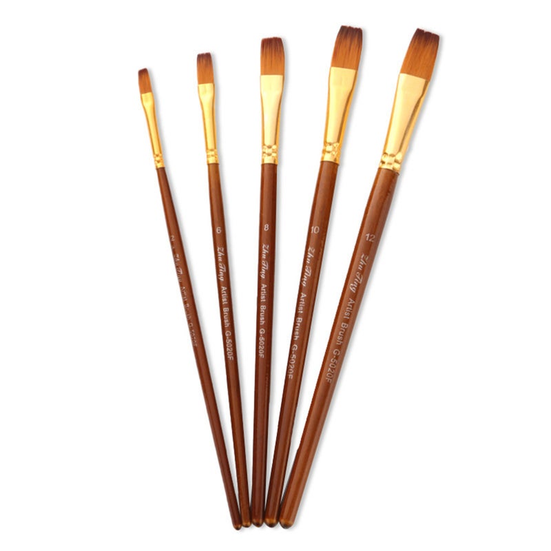 Artists Brushes 5Pcs Nylon Wool Paint Brushes Wood Handle Oil Painting Gouache Acrylic Flat Tip