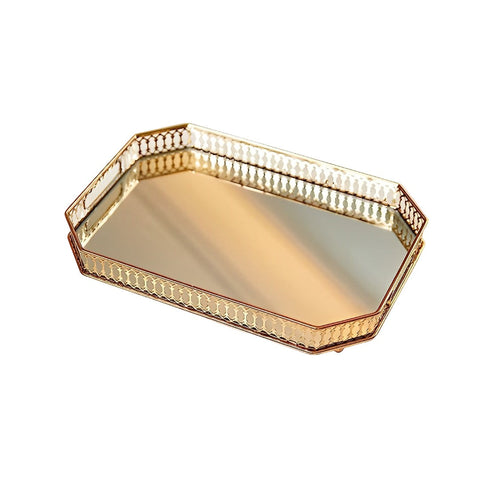 Trays 35Cm Gold Rectangle Glass Mirror Base Metal Vanity Food Serving Organiser Tray