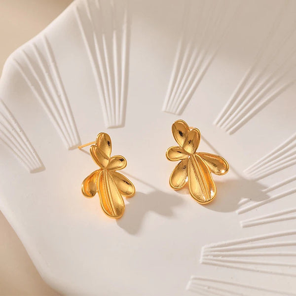 Earrings Irregular Three Dimensional Leaf Plated Earring In 18K Real Gold Colour