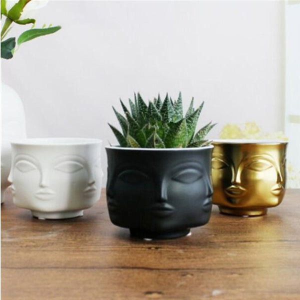 Artistic Human Face Pattern Home Decoration Plants Flower Pot Container Planter-Golden