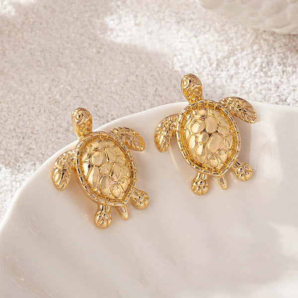 Earrings Bohemian Textured Gold Sea Turtle Metallic Animal Stud For Women