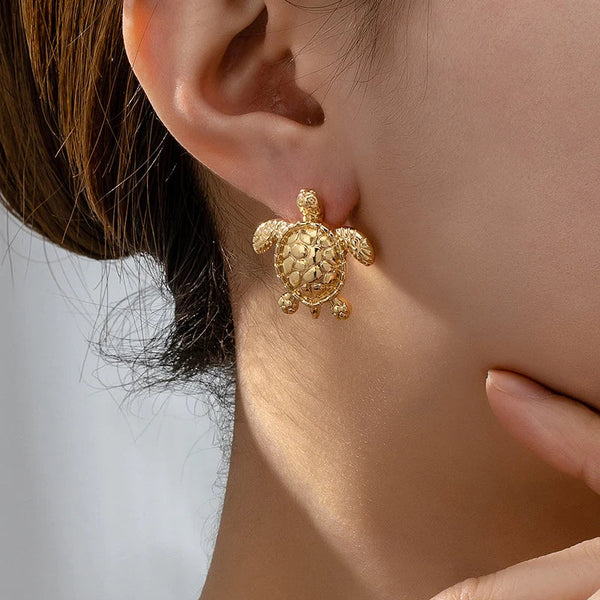 Earrings Bohemian Textured Gold Sea Turtle Metallic Animal Stud For Women