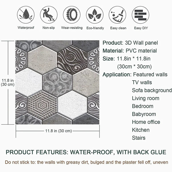 Wall Stickers 10 Pieces Vinyl Tile Self Adhesive Grey Honeycomb Art Pattern Waterproof