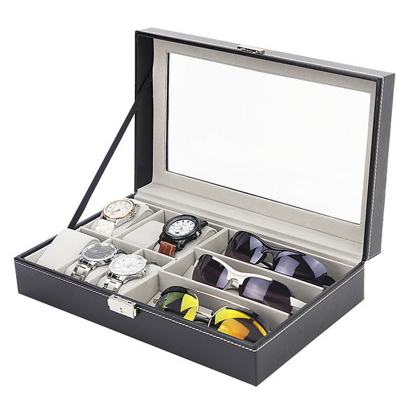 6+3 Grid Watch Sunglass Eyeglasses Display Box Case Storage Organizer Pu Leather