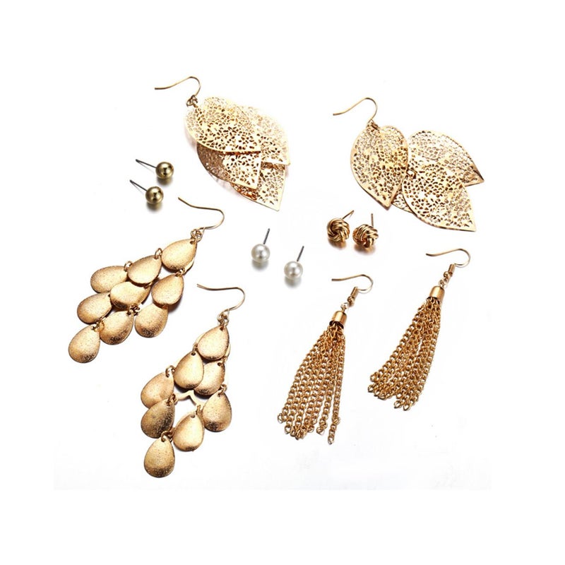 6Pcs Artificial Pearl Earrings With Hollow Leaves And Woven