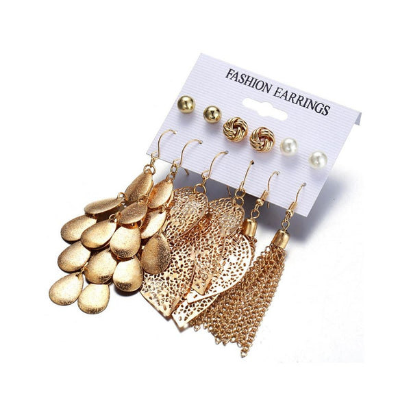 Earrings 6Pcs Artificial Pearl With Hollow Leaves And Woven