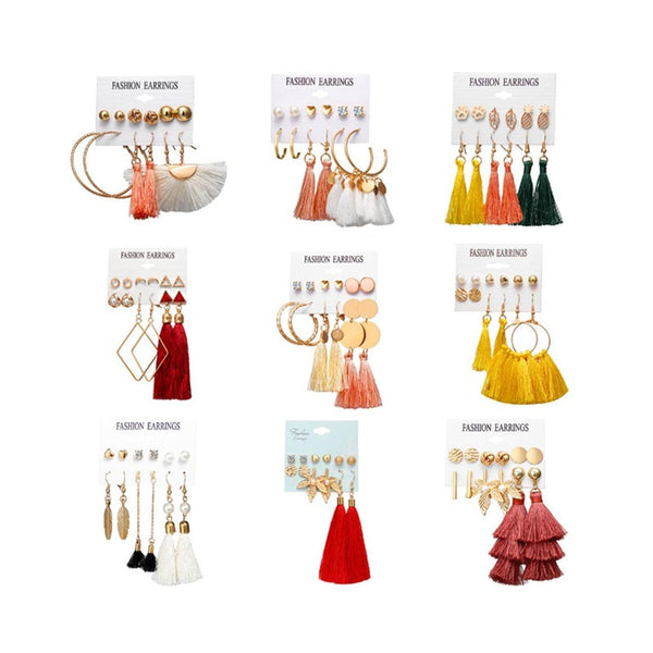 6 Pairs Tassel Stud Dangle Earrings Female Bohemian Ethnic Style 2