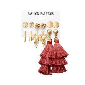 6 Pairs Tassel Stud Dangle Earrings Female Bohemian Ethnic Style 7