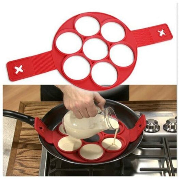 Egg & Pancake Rings 7 Hole Silicone Frying Pan Pancake Egg Molds Belt Baking Tools Love Red