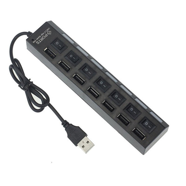 7-Port Usb 2.0 Hub Adapter With On/Off Switch Black