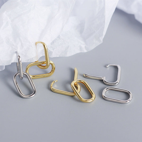 Earrings S925 Sterling Silver Geometric Square Paperclip Convertible Link Hoop