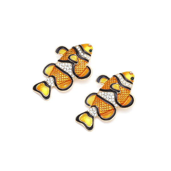 Earrings Diamond Studded Clownfish Alloy Cartoon Tropical Marine Animal Design