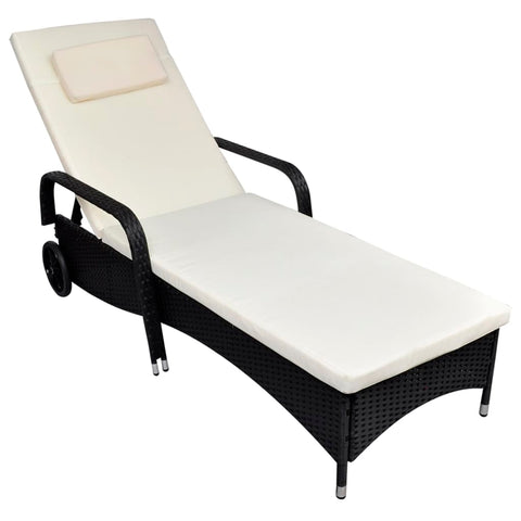 Sun Lounger With Cushion & Wheels Poly Rattan Black