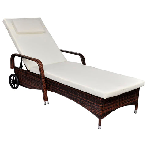 Sun Lounger With Cushion & Wheels Poly Rattan Brown