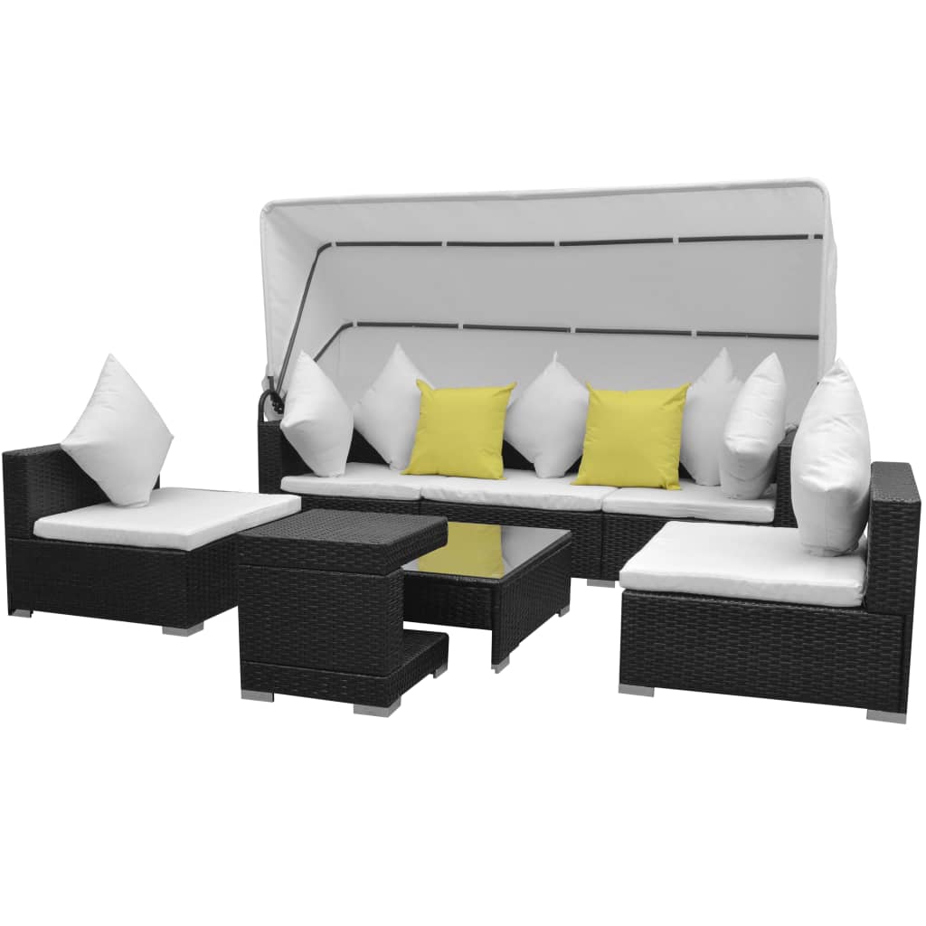 Patio Furniture Sets 7 Piece Garden Lounge Set With Canopy Poly Rattan Black