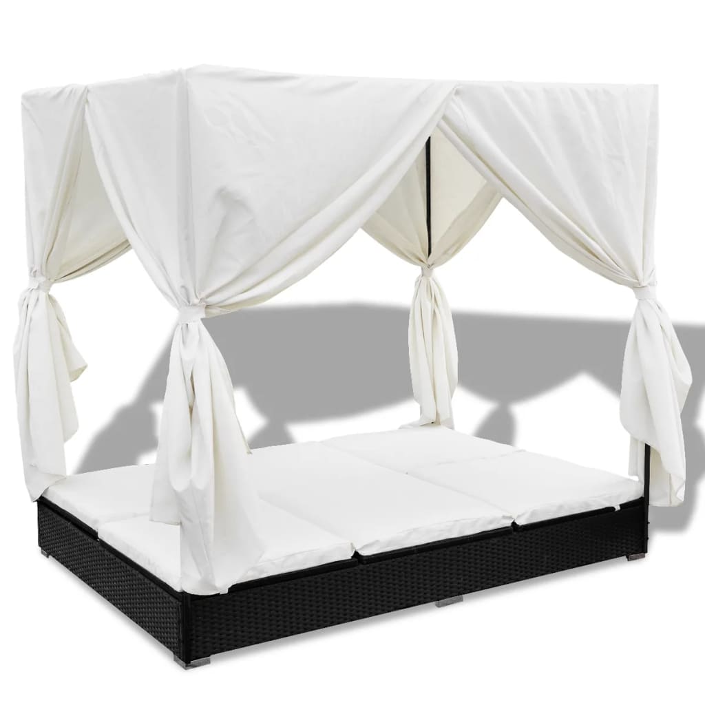 Loungers Outdoor Lounge Bed With Curtains Poly Rattan Black