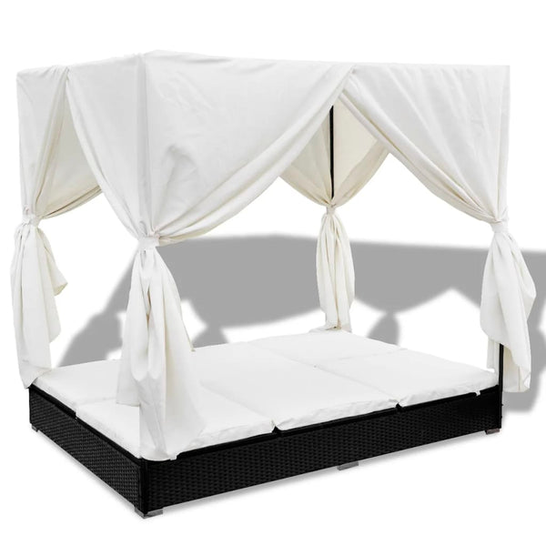 Loungers Outdoor Lounge Bed With Curtains Poly Rattan Black