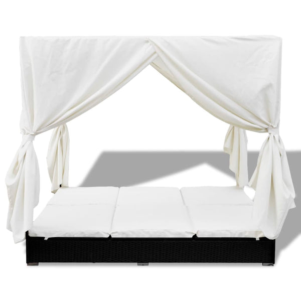 Loungers Outdoor Lounge Bed With Curtains Poly Rattan Black