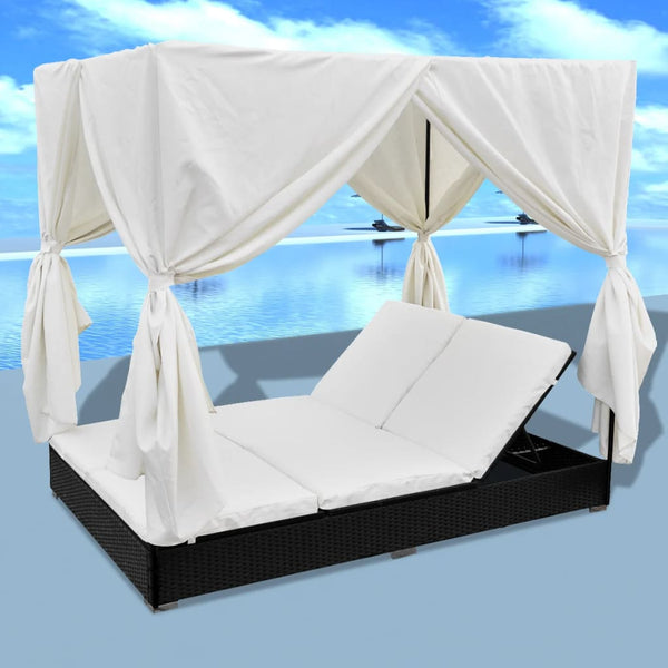 Loungers Outdoor Lounge Bed With Curtains Poly Rattan Black