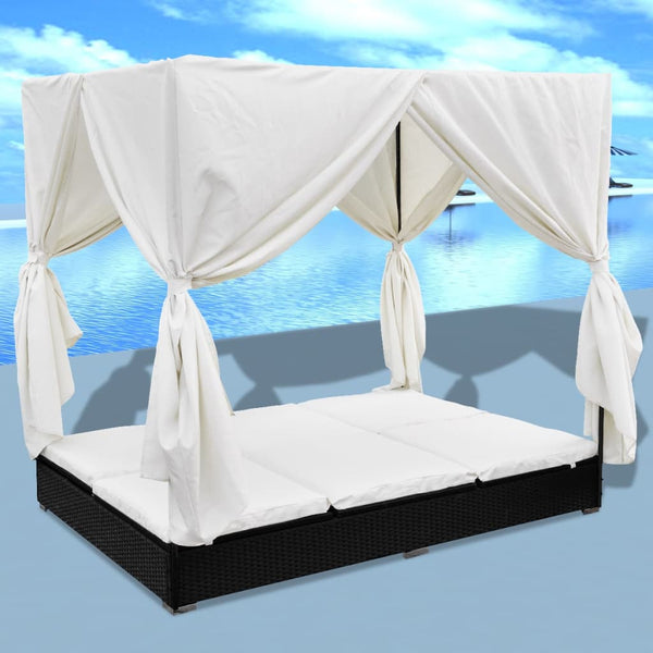 Loungers Outdoor Lounge Bed With Curtains Poly Rattan Black