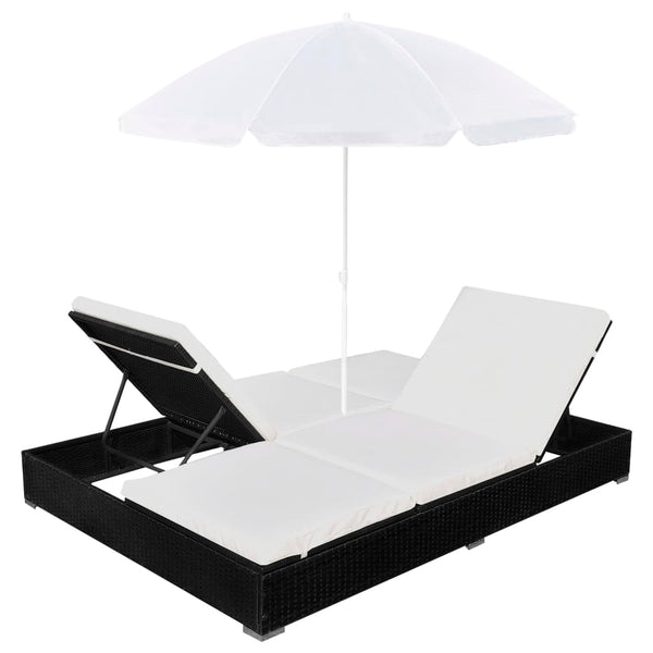 Patio Chairs Outdoor Lounge Bed With Umbrella Poly Rattan Black