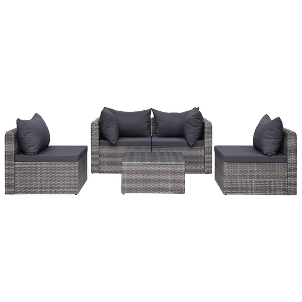 5 Piece Garden Sofa Set With Cushions & Pillows Poly Rattan Grey