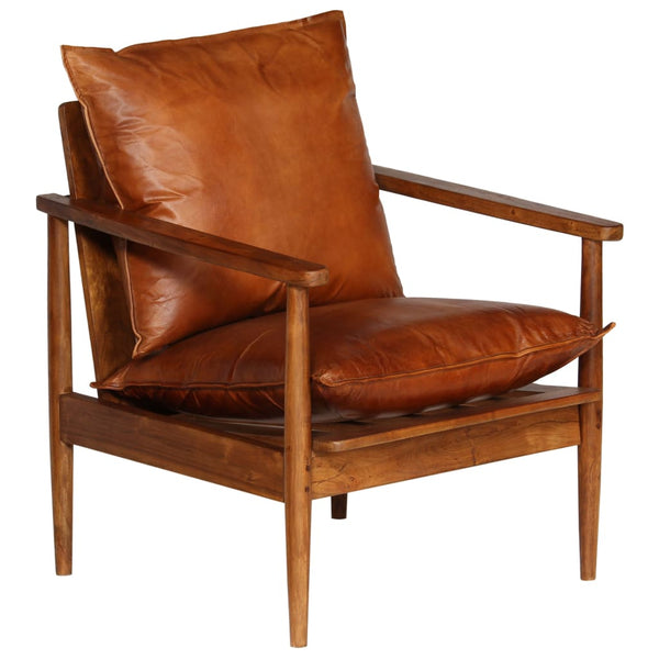 Sofas, Armchairs & Couches Armchair Brown Real Leather With Acacia Wood