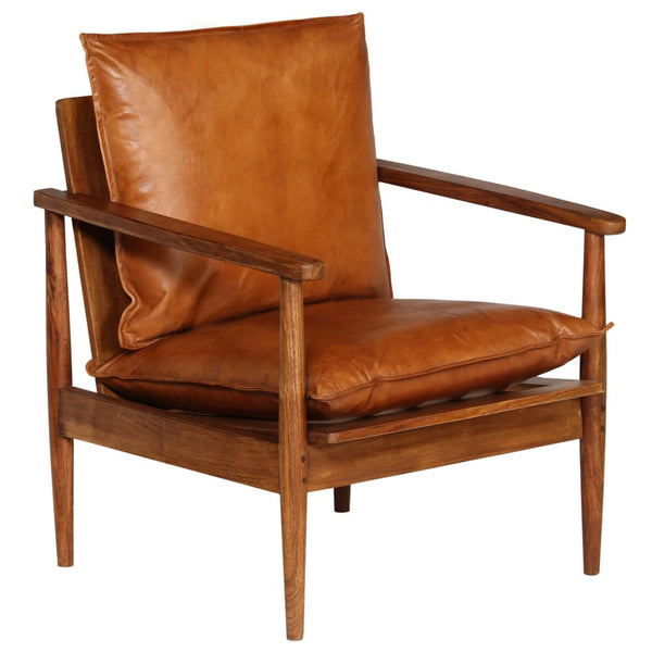 Sofas, Armchairs & Couches Armchair Brown Real Leather With Acacia Wood